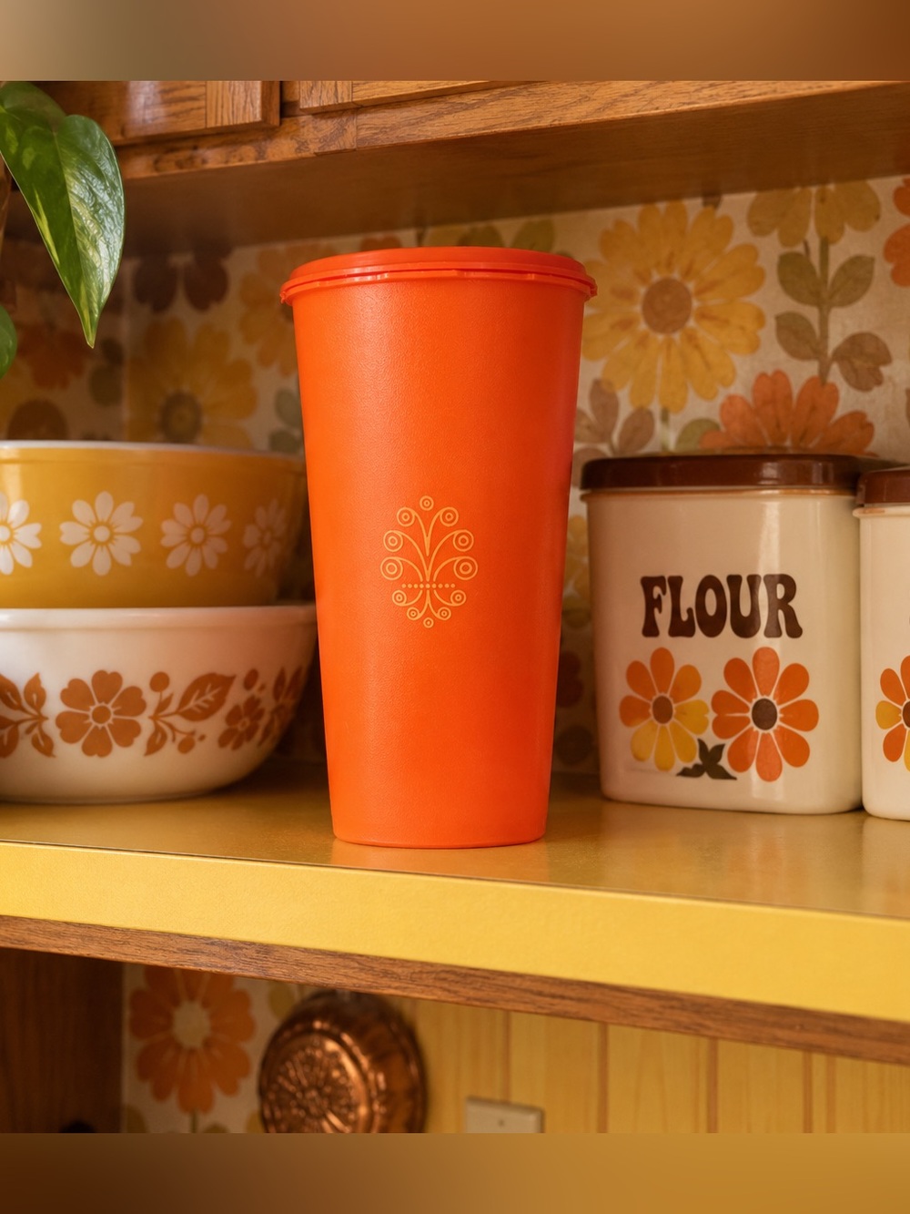 Vintage 1970s Tupperware tangerine orange tall Servalier canister (model #1222)